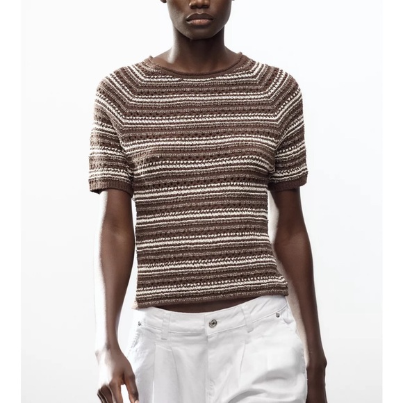 Zara NWT brown and white striped knit crochet short sleeve top - Picture 1 of 9